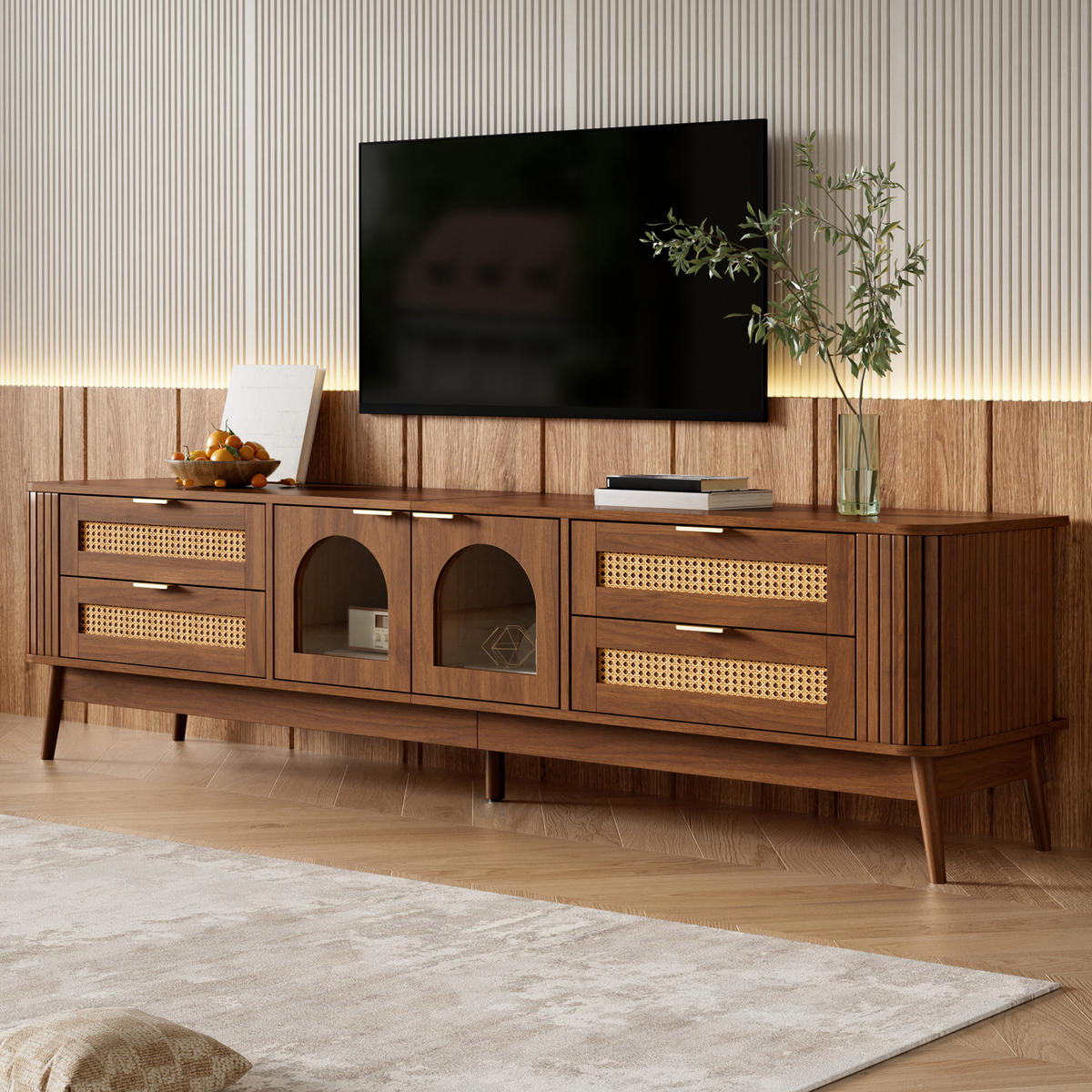 TV-SCHRANK LED Glas Türen Sideboard Massivholzbeine Modern - Walnussfarben, Holzwerkstoff (180/50/40cm) - FLIEKS