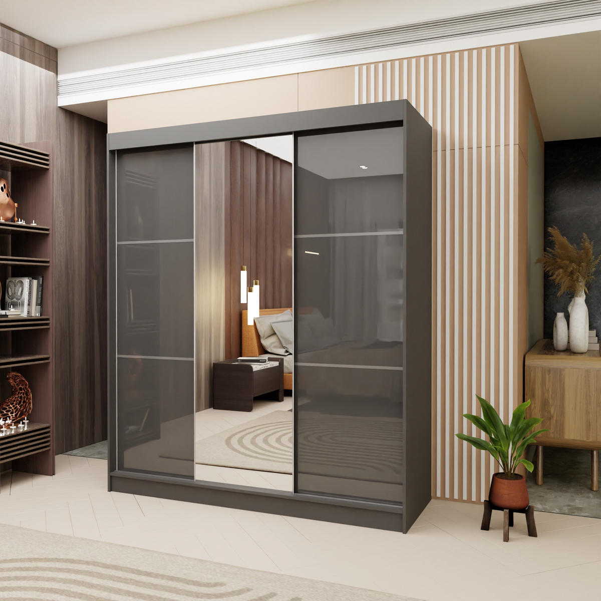 SCHWEBETÜRENSCHRANK VITALE 180/216/61 cm 3-türig mit Spiegel Grau - Grau, Holzwerkstoff (180/216/61cm) - MASSENO