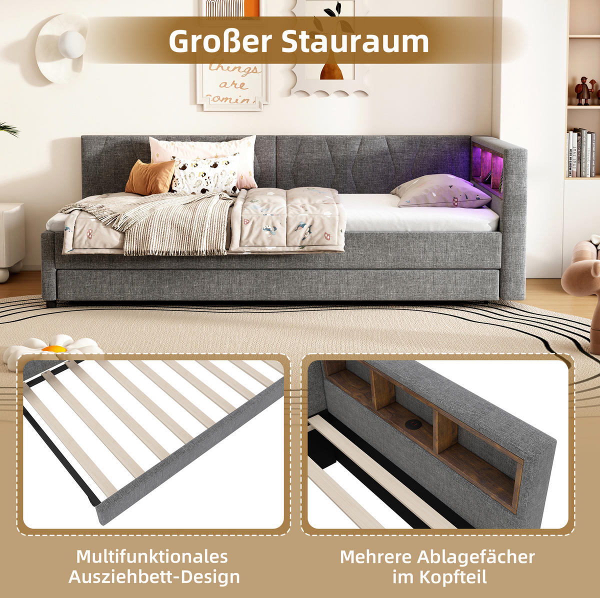 DAYBETT 90/200 cm Grau mit Ablagefach und LED-Beleuchtung aus Leinen - Grau, Textil (90/200cm) - OKWISH