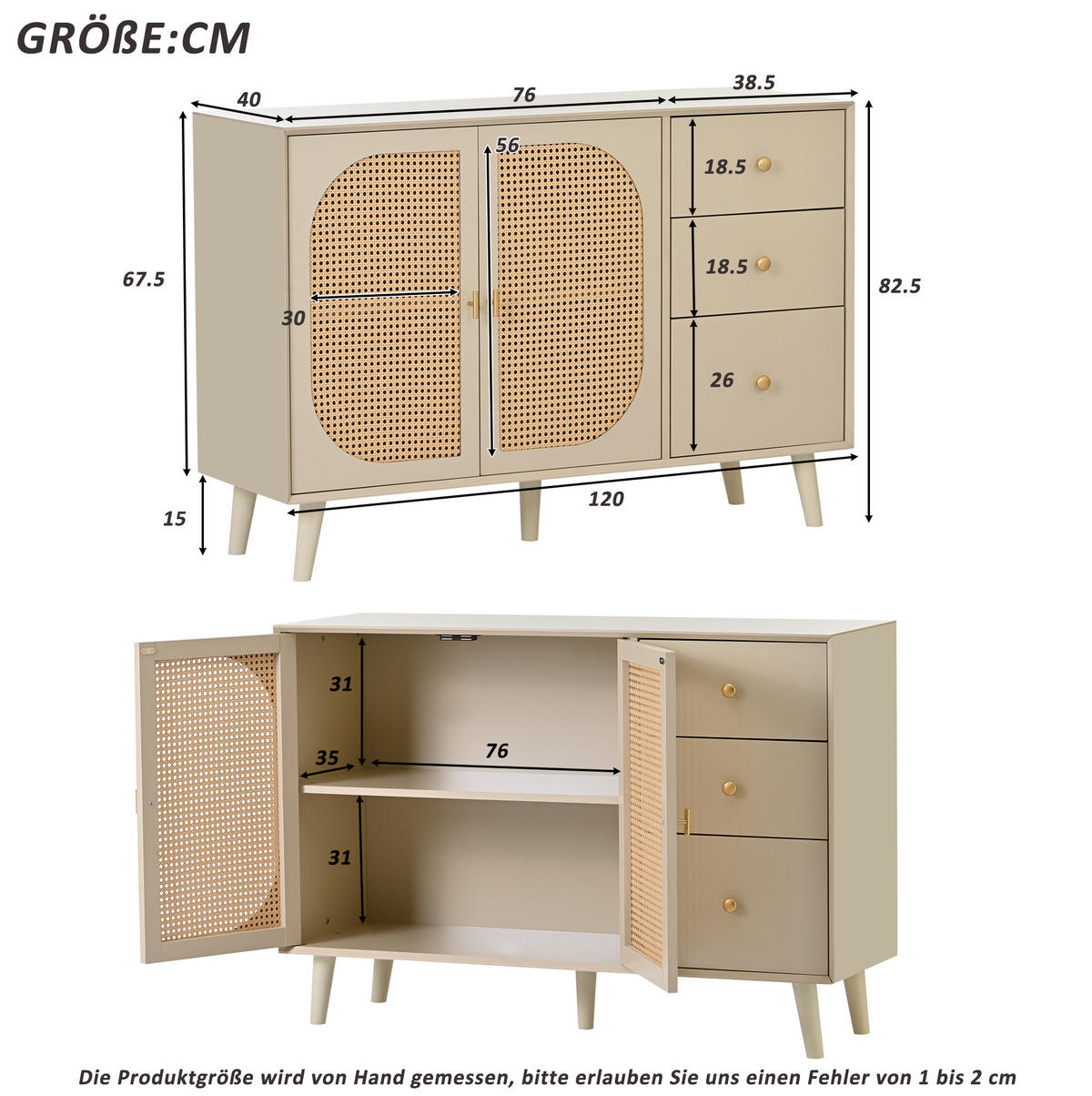 SIDEBOARD aus Spanplatte 120x40x82,5 cm Offwhite mit 2 Türen, 3 Schubladen und Push-to-open in Rattanoptik - Weiß, Holzwerkstoff (120/82.5/40cm) - Modfu