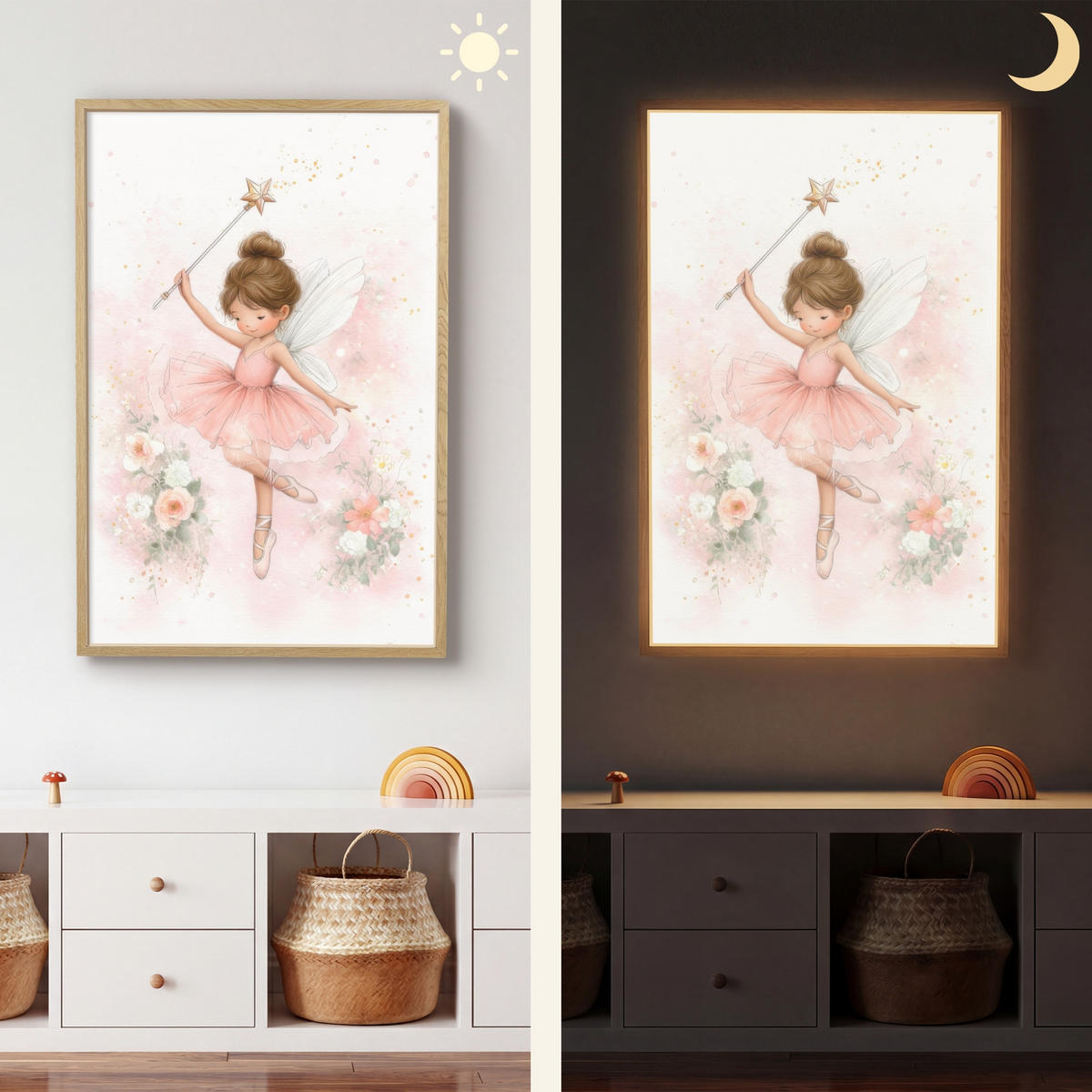 NÁSTĚNNÁ LAMPA S AKUMULÁTOREM Baletka - Víla - Květiny - Růžová 70x100 cm - růžová, kompozitní dřevo (70/100/8cm) - OnlyWow