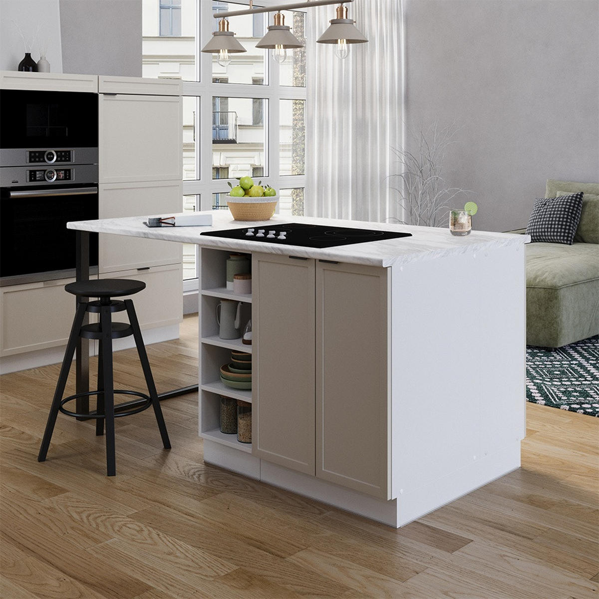 KÜCHENINSEL Fame-Line GrauBeige 90 cm ohne Arbeitsplatte - Weiß/Grau, Holzwerkstoff (90/82/60cm) - Vicco