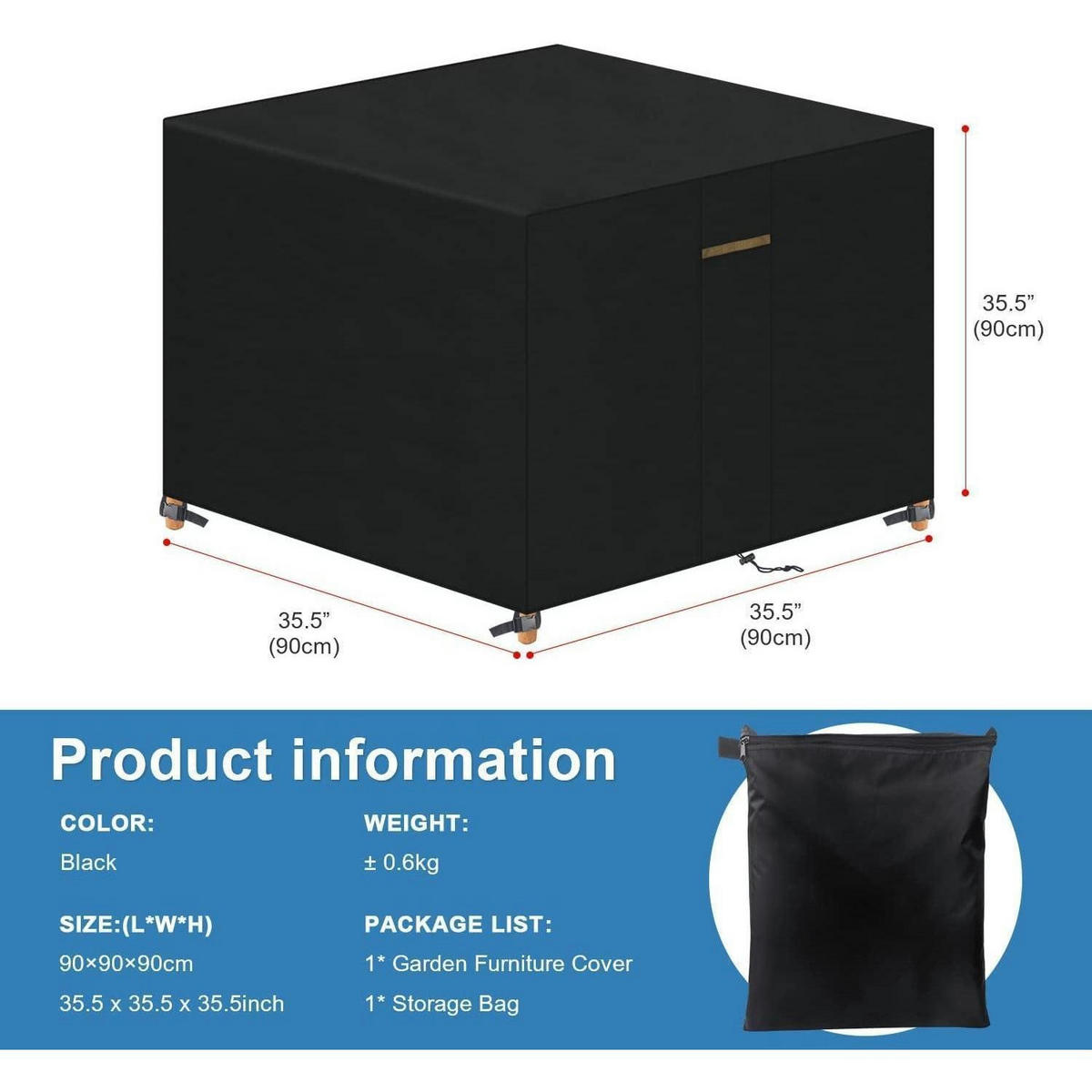 ABDECKUNG für Gartenmöbel 90 x 90 x 90 cm Quadratisch Wasserdicht Winddicht - Schwarz, Kunststoff (1/1/1cm)