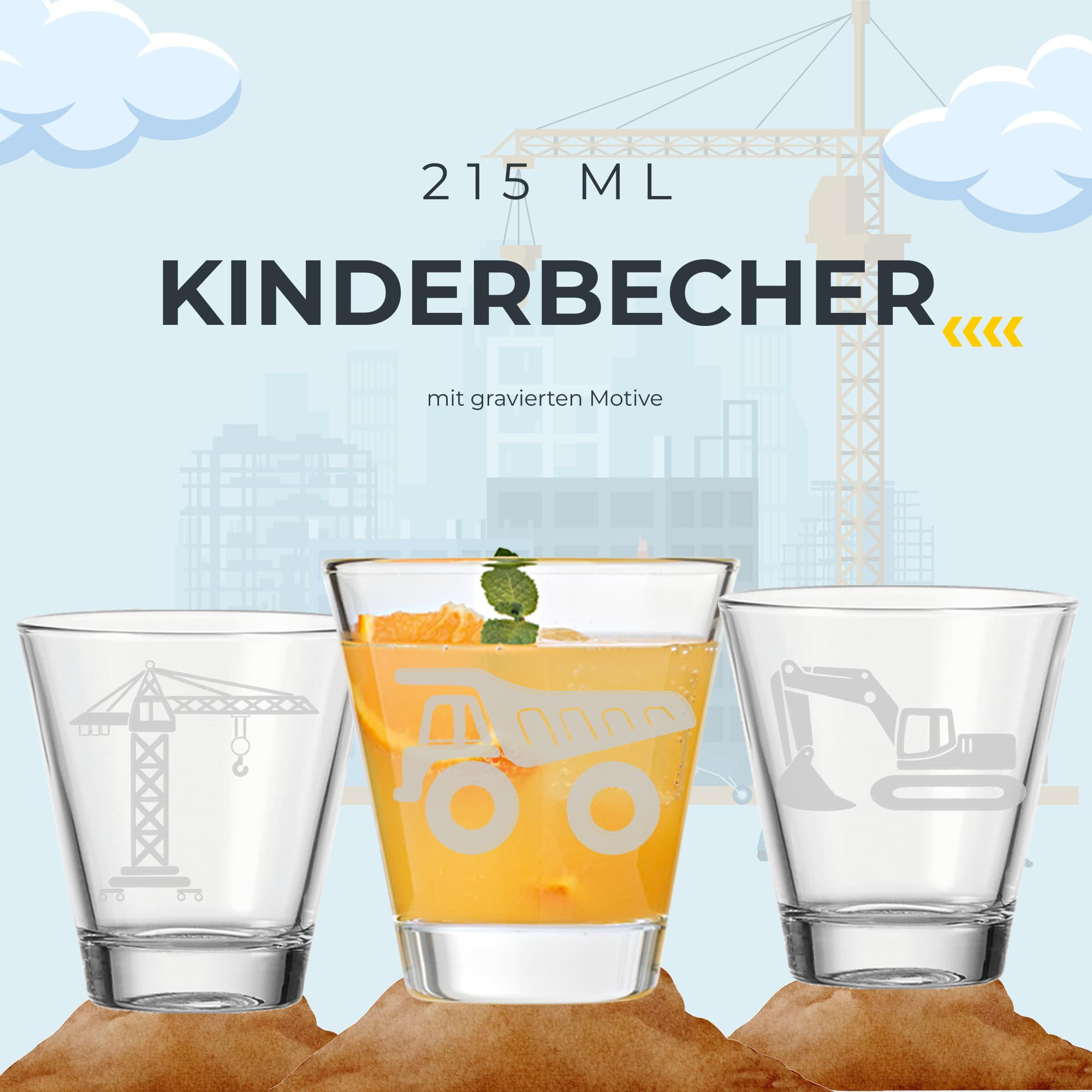 KINDERBECHER Baustellenfahrzeuge transparent 215 ml 3er Set - Transparent, Glas (0.215L) - LUXENTU