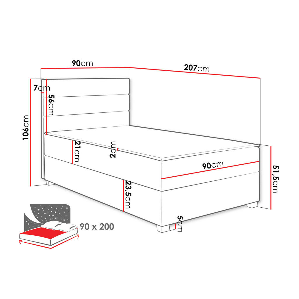 Thumbnail - Mirjan24 Boxbett, Grau, Textil, H3, Höhe ca. 21 cm, Rechteckig, 90x200 cm, Schlafzimmer, Betten, Boxspringbetten