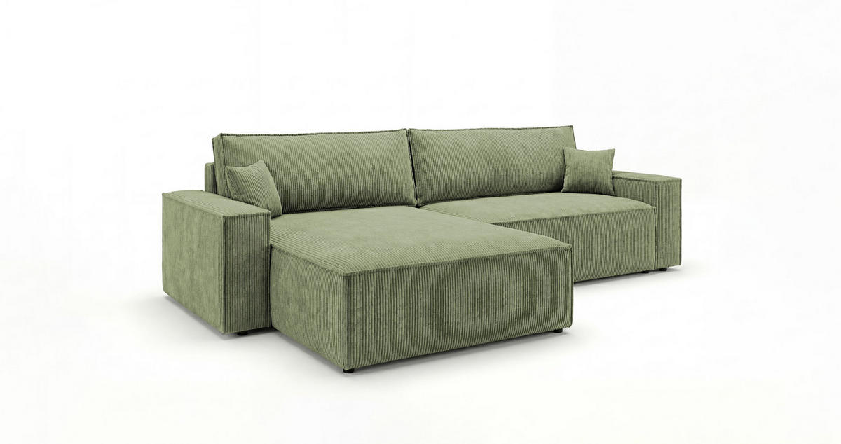 ECKSOFA VIENNA links hellgrün Cord Poso 47 - Schlaffunktion, Bettkasten - Hellgrün, Textil (285/185cm) - Cornero