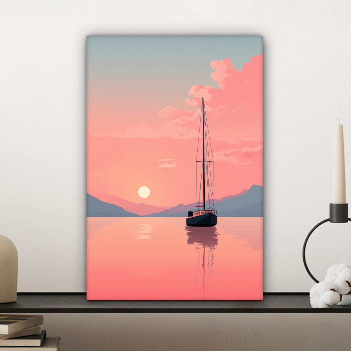 LEINWANDBILD Segelboot - Rosa Meer - Sonnenuntergang - Berge Deko Wohnzimmer 20x30 cm - Rosa, Textil (20/30cm) - MuchoWow