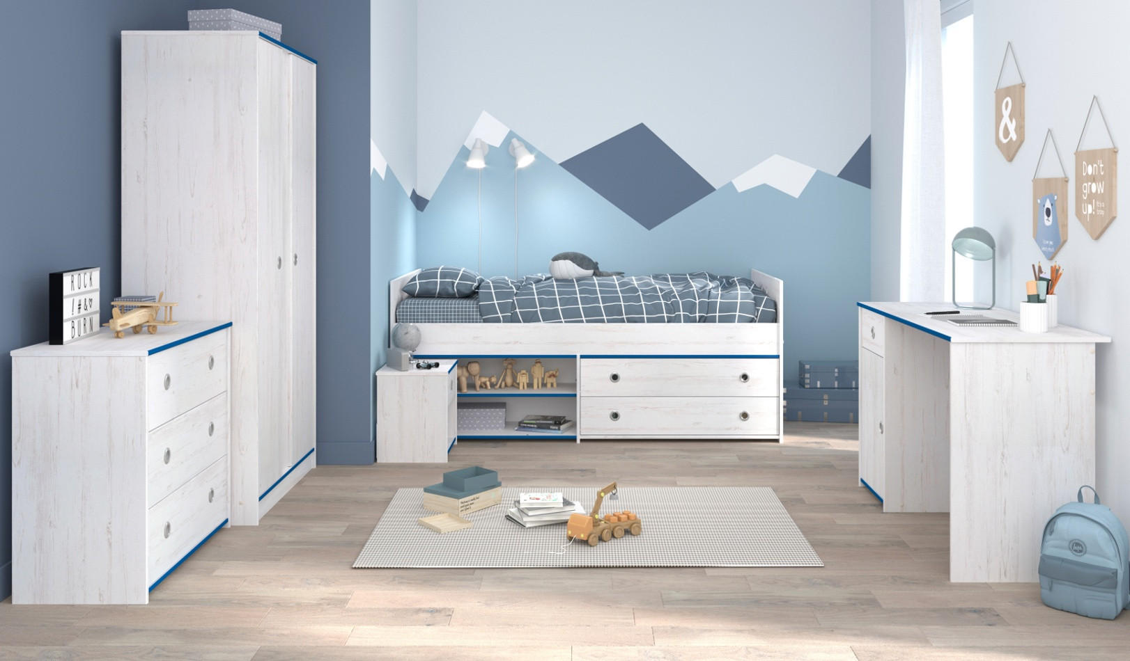 KINDERZIMMER Set Kleiderschrank Schreibtisch Kommode Bett 90x200 cm - Weiß/Kieferfarben, Holz/Holzwerkstoff (203/182/95cm) - Parisot Meuble