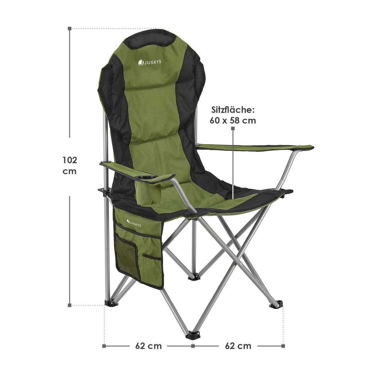 CAMPINGSTUHL Lido grün mit Flaschenhalterung & Tragetasche - Grün, Textil (62/102/62cm) - Juskys