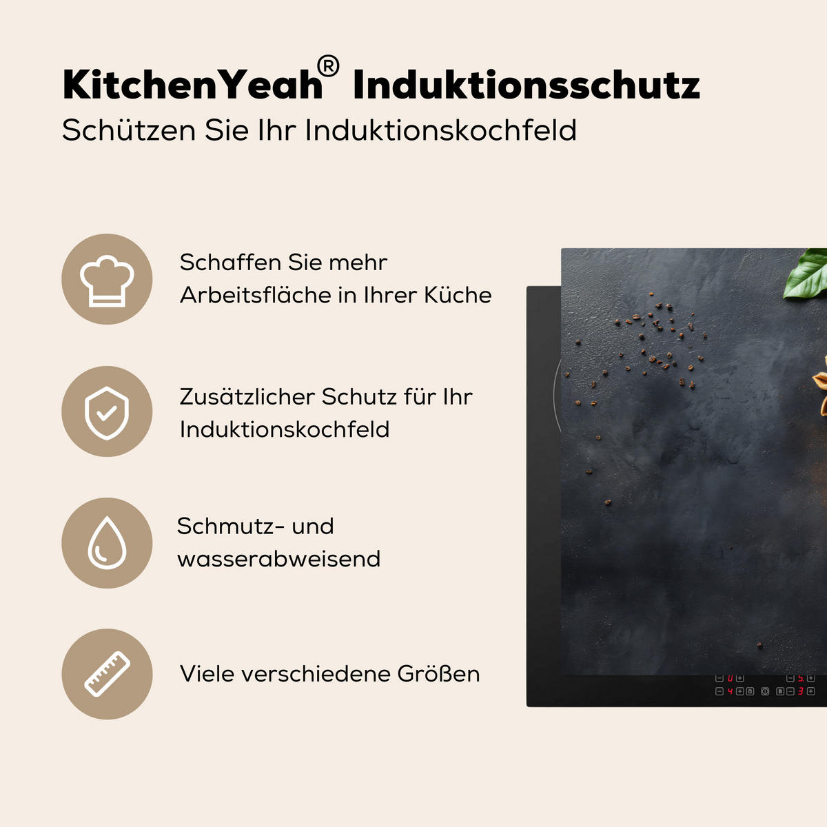 HERDABDECKPLATTE Zimt - Beton - Kaffee - Zimtstangen - Gewürze Ceranfeldabdeckung 78x52 cm - Mokka, Kunststoff (78/52/0.2cm) - MuchoWow