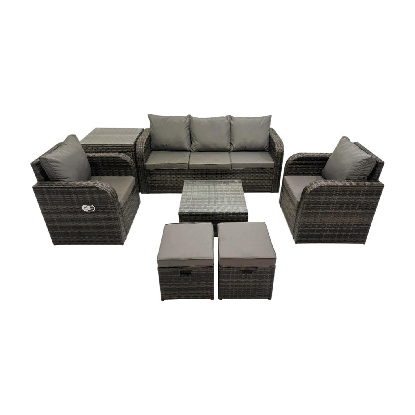 GARTENMÖBELGARNITUR mit KISSEN Polyrattan Dunkelgrau 5-Sitzer - Dunkelgrau/Grau, Glas/Kunststoff - Fimous
