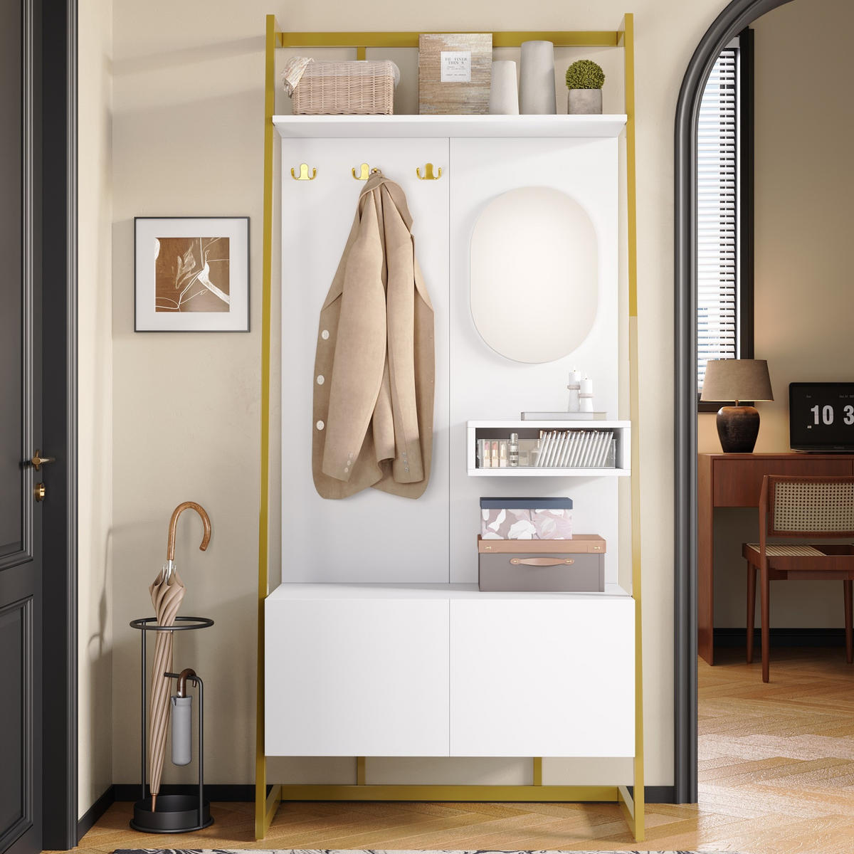 DIELENGARDEROBE mit Spiegel und Schuhablage in Weiß 78/38,5/180,5 cm - Weiß, Holzwerkstoff (38.5/180.5/78cm) - BEAOK