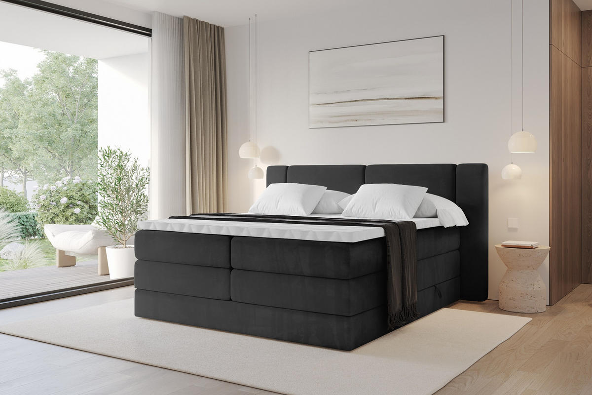 BOXSPRINGBETT mit Matratze H3/H4 - EVON KING - 140x200 cm Schwarz - Schwarz, Holzwerkstoff (140/200cm) - ALTDECOR