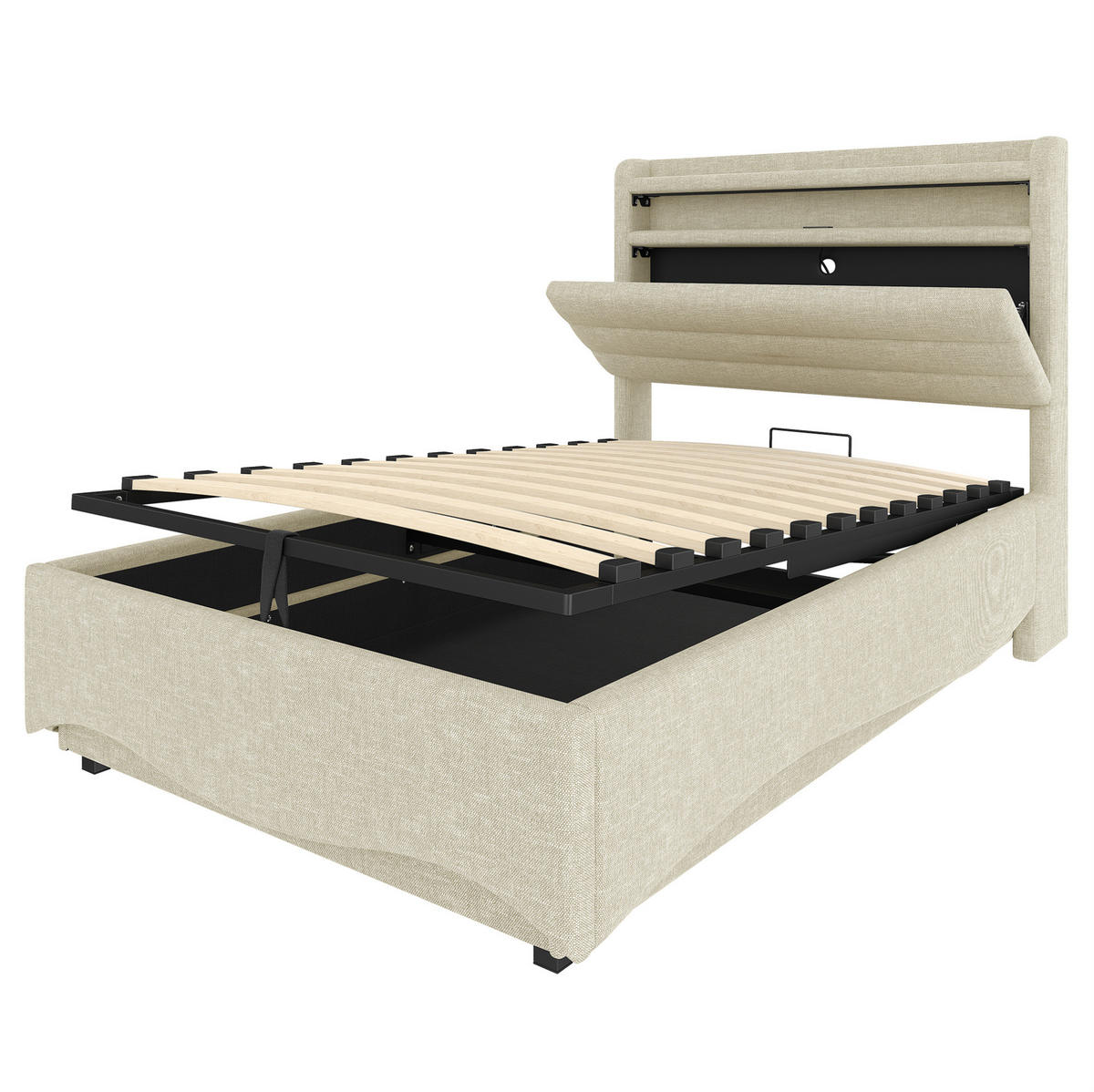 POLSTERBETT mit Stauraum und LED 90x200 cm Leinen Beige - Beige, Metall (90/200cm) - Meubliv