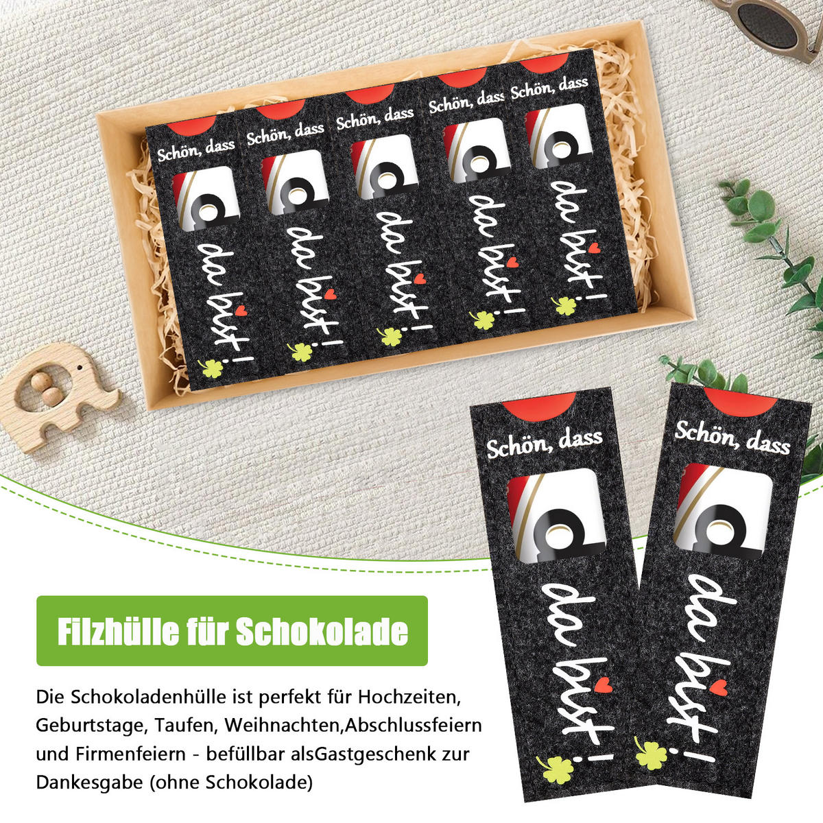 GASTGESCHENK 24 Stück Filz Schokoladen Hülle Hochzeit Taufe Geschenkverpackung - Schwarz, Textil (14/1/5cm)