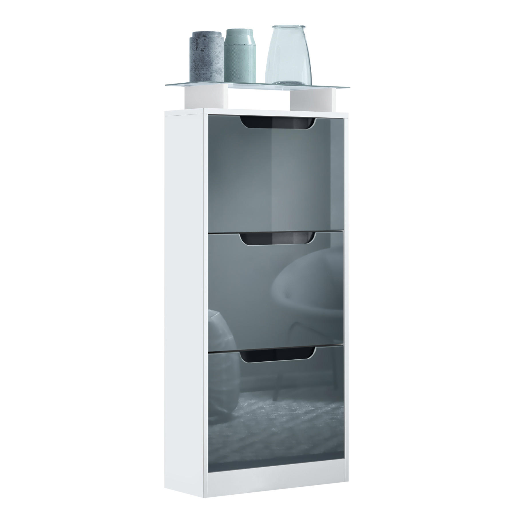 SCHUHSCHRANK Space Grau Hochglanz - Grau, Holzwerkstoff (46/128/23cm) - Vladon