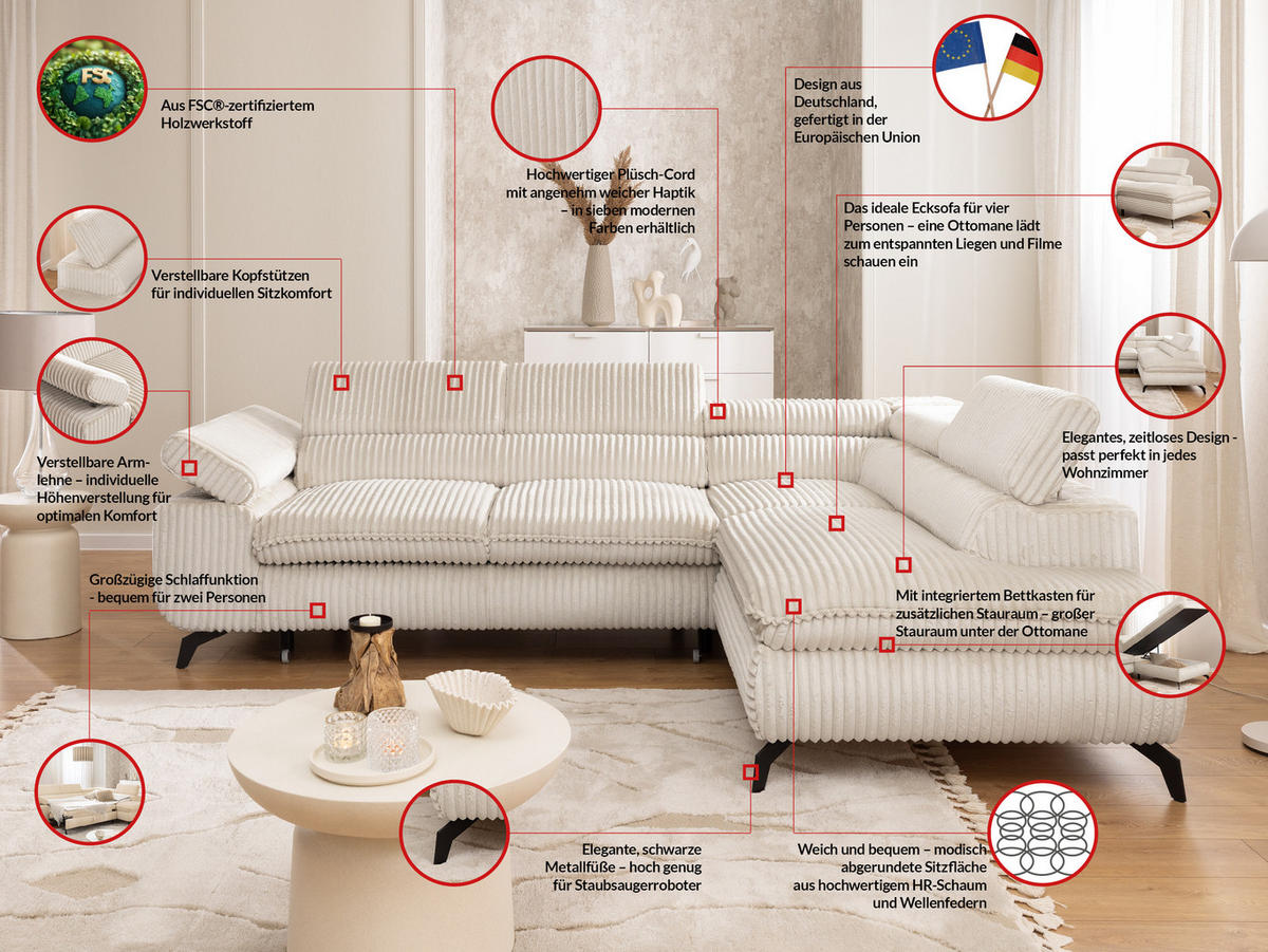 ECKSOFA mit Schlaffunktion und Bettkasten Bonnie aus Creme Cord-Stoff mit verstellbaren Kopfstützen und Armlehne - Ottomane rechts - Creme/Schwarz, Holz/Textil (275/210cm) - S-Style Möbel
