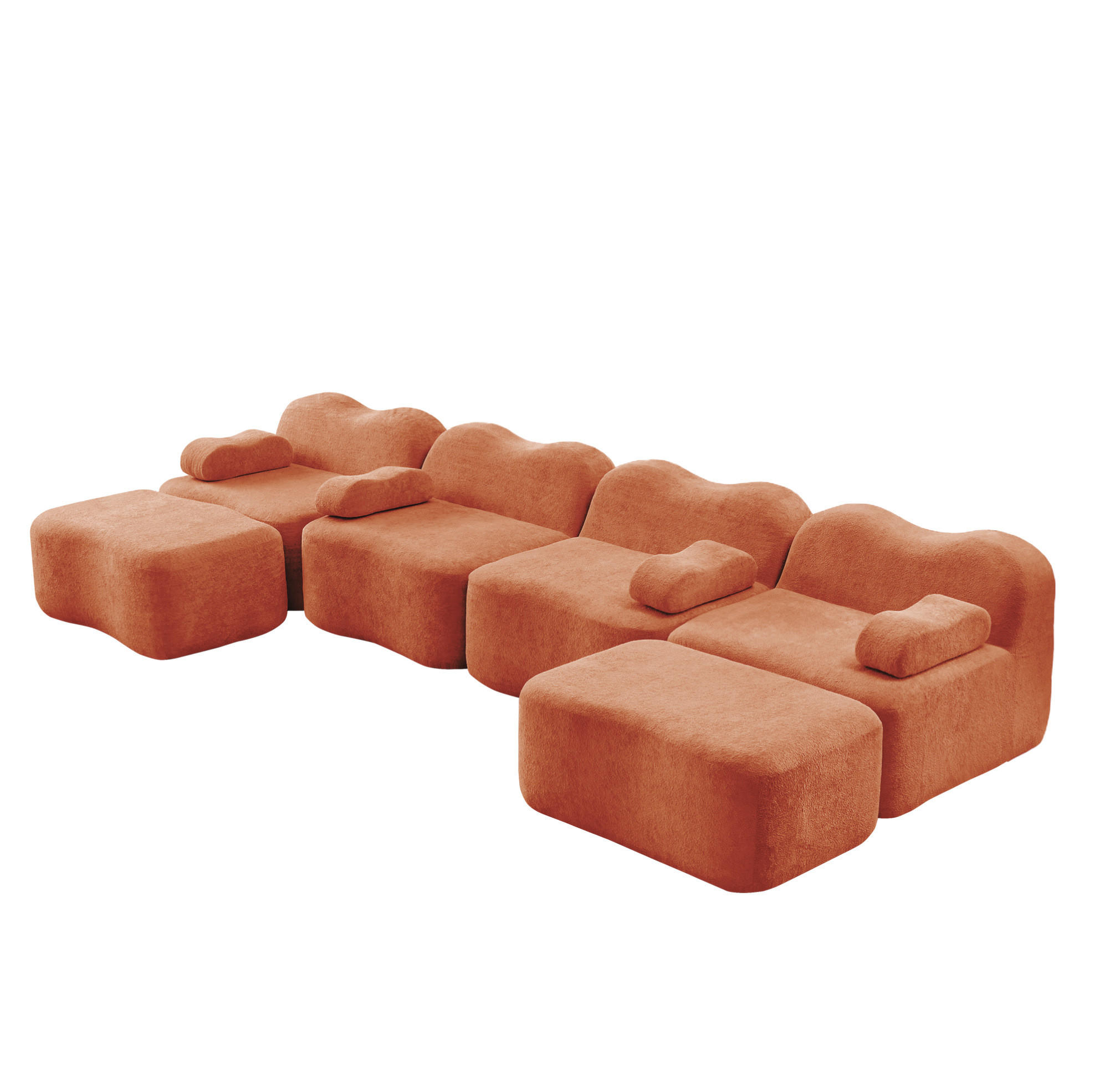 ECKSOFA 384/167/70 cm modular orange aus Samt mit Wellenform und 2 Hockern - Orange, Textil (167/384cm) - OKWISH