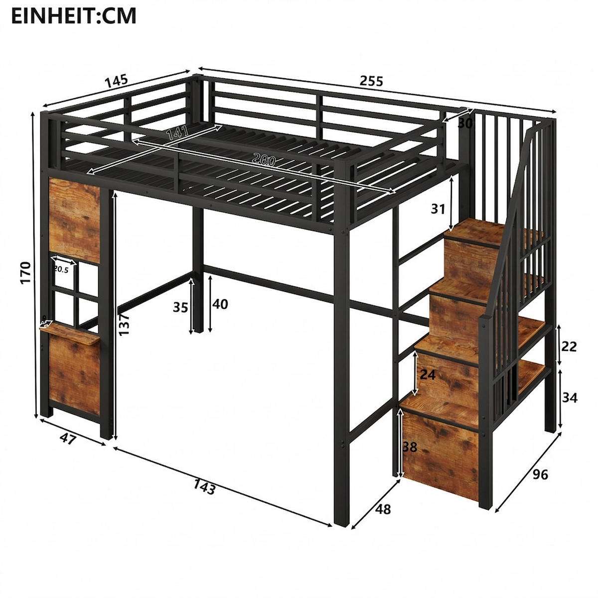 HOCHBETT 140/200 cm Schwarz mit Stauraumtreppe und offener Stauraum - Schwarz, Metall (140/200cm) - Oxeza