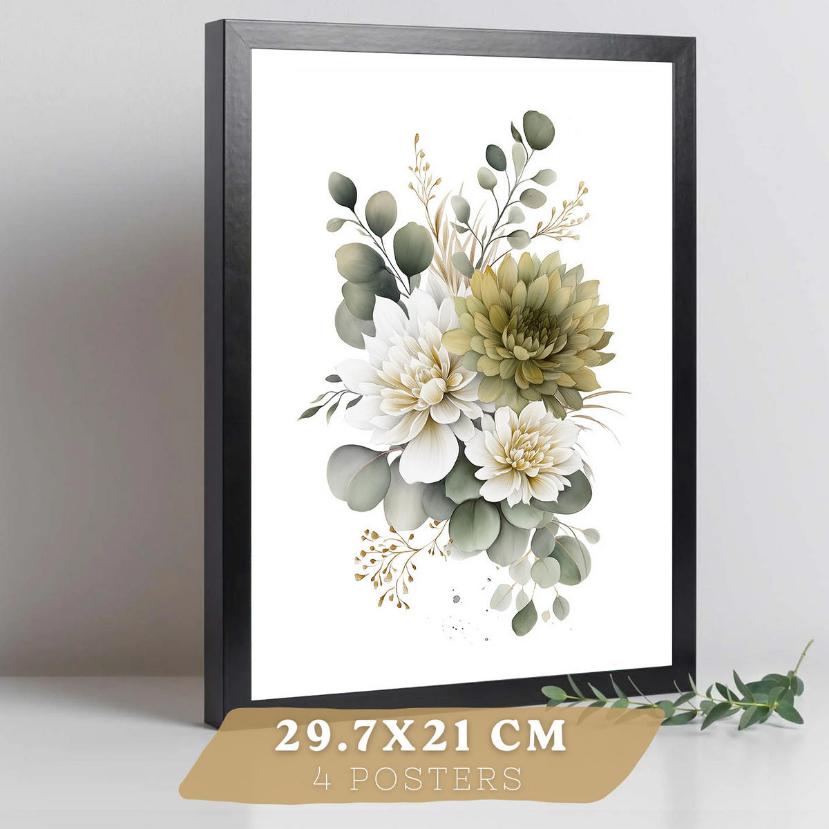 PLAKAT Sada 4 boho botanických uměleckých tisků. Akvarelové květinové nástěnné umění. Velikost Černý rám A4 - černá, papír (21/29.7/3cm) - Nacnic