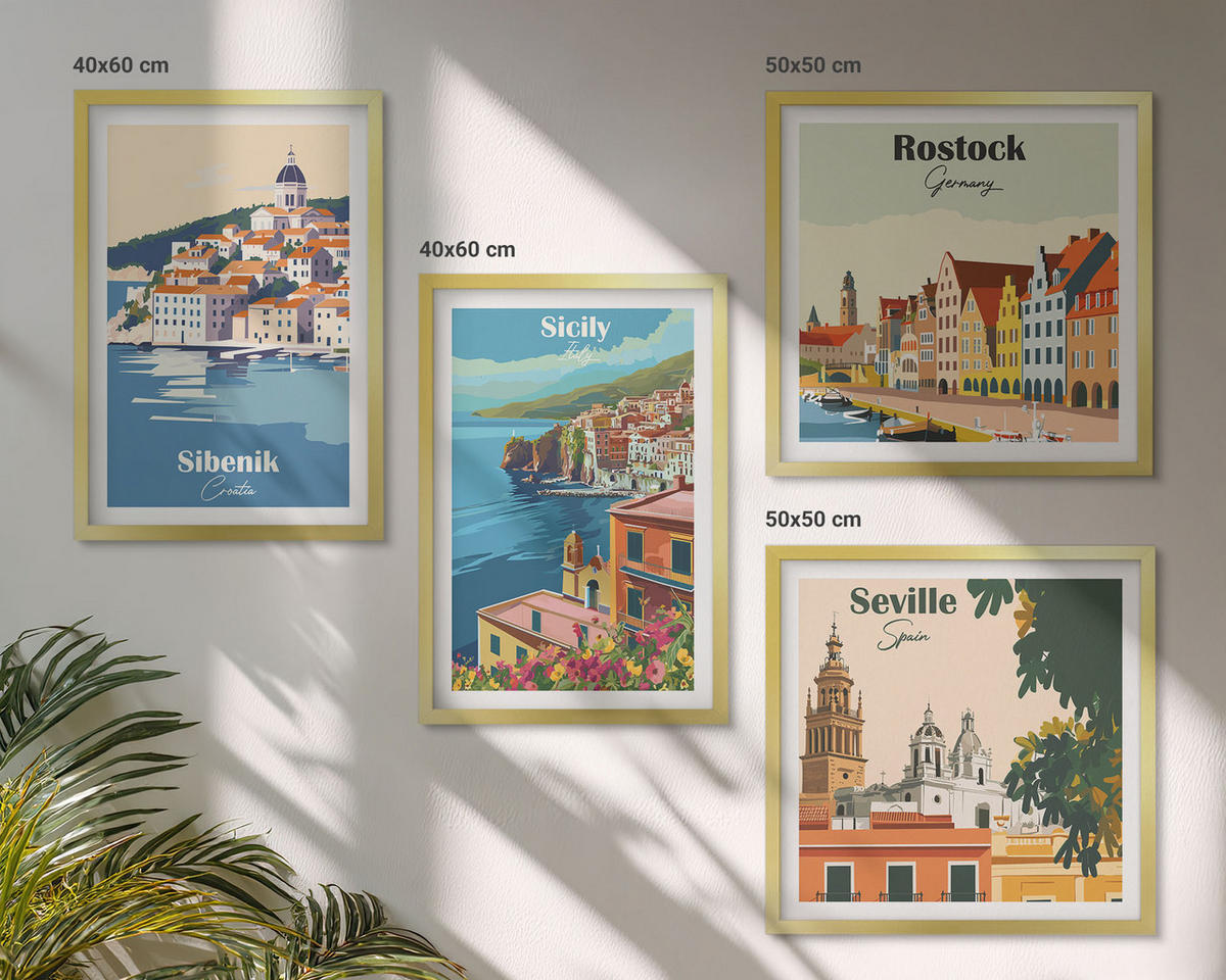 WANDBILDER 4er Set - 50x50 cm & 40x60 cm Goldrahmen - Landschaften europäischer Städte - Goldfarben, Kunststoff (50/50cm) - ArtPrintCave