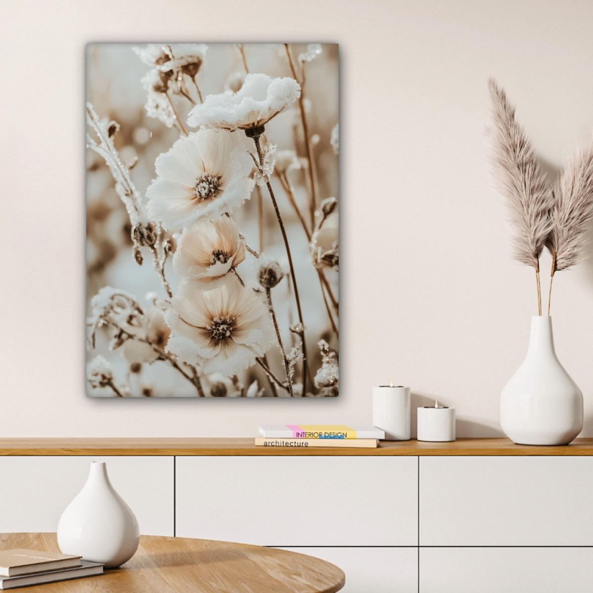 LEINWANDBILD Blumen - Winter - Weiß - Schnee - Beige Wandbild Wohnzimmer 60x80 cm - Creme, Textil (60/80cm) - MuchoWow