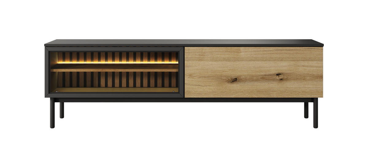 TV-SCHRANK Lango 180 Schwarz mit Eiche Evoke, Tv-Tisch mit Led-Beleuchtung - Hellbraun/Schwarz, Holzwerkstoff (180/55/39cm) - Bettso