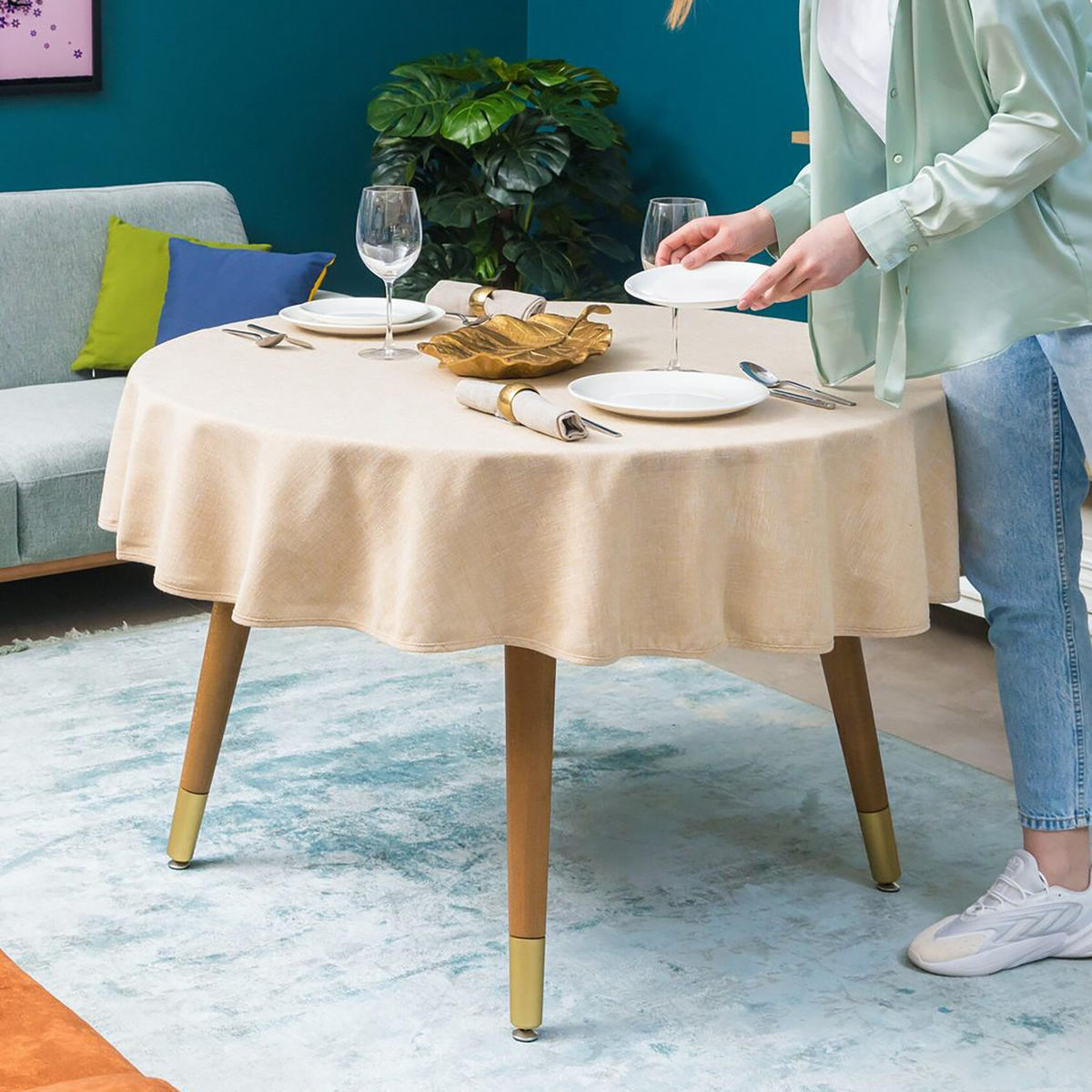 RUNDE Tischdecke Leinenoptik abwaschbar, Lotuseffekt, 140 cm, Beige - Beige, Textil (140/140cm)