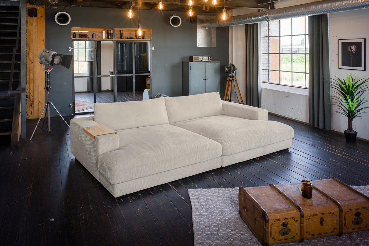 BIG SOFA-SET MIT TABLETT NATUR MADELINE Cremeweiß Cord - Creme/Schwarz, Kunststoff/Textil (290/85/170cm) - KAWOLA