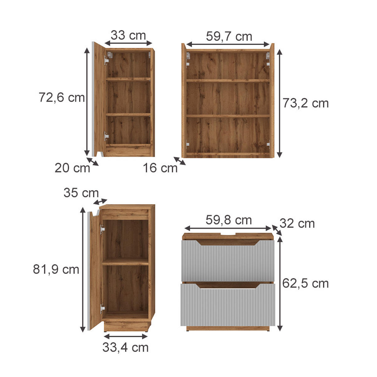 BADMÖBEL-SET Lotta Eiche/grau gestreift 4 Teile - Eichefarben/Grau, Holzwerkstoff (59.8/62.5/32cm) - Vicco