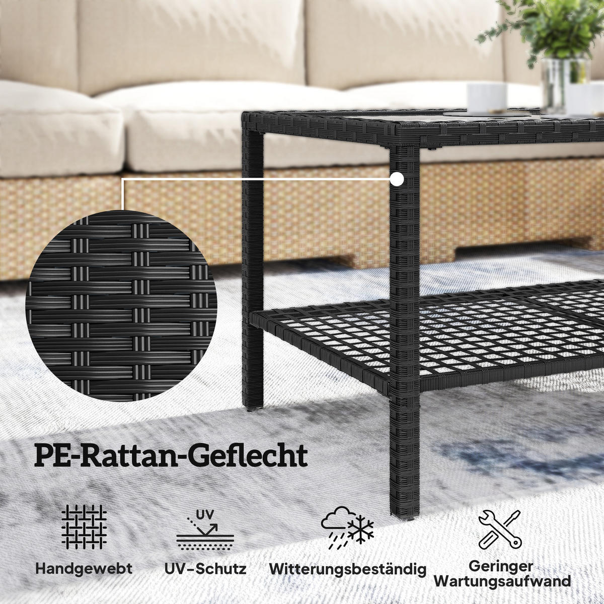 COUCHTISCH PE-Rattan Schwarz - Schwarz, Glas/Metall (92/50/45cm) - Outsunny