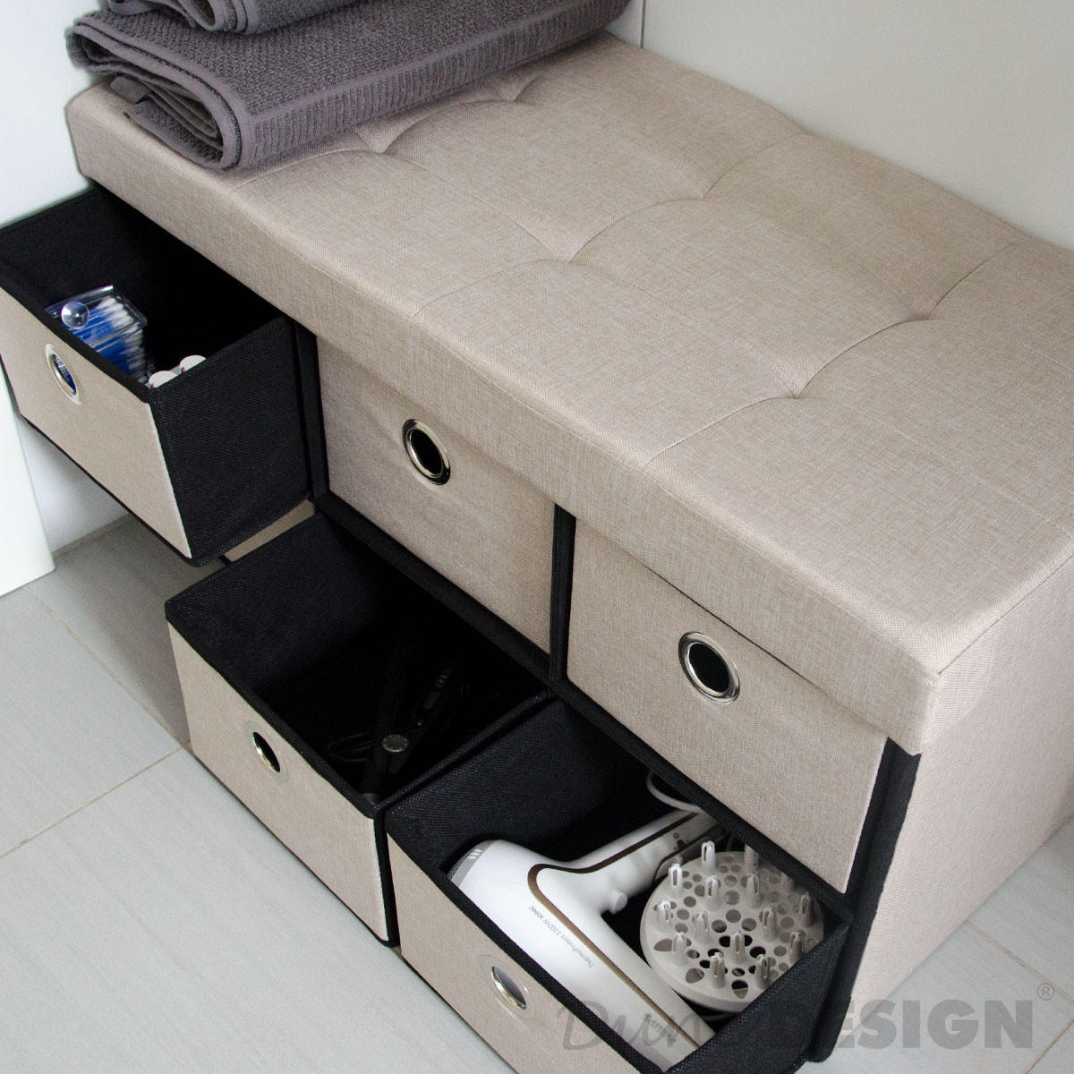 SITZBANK Faltbar, 76/38/38 cm, mit 6 Schubladen, 80 Liter, Beige-Grau - Grau, Textil (38/38/76cm) - Dunedesign