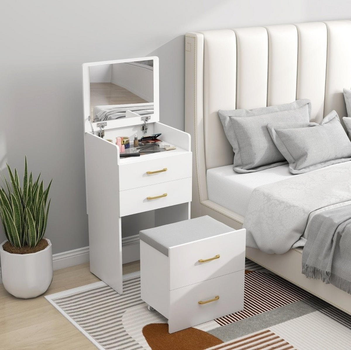 SCHMINKTISCH 48/40/90 cm in Weiß, 3-in-1 mit Spiegel und Rollhocker - Weiß, Holzwerkstoff (40/90/48cm) - Flora Grace