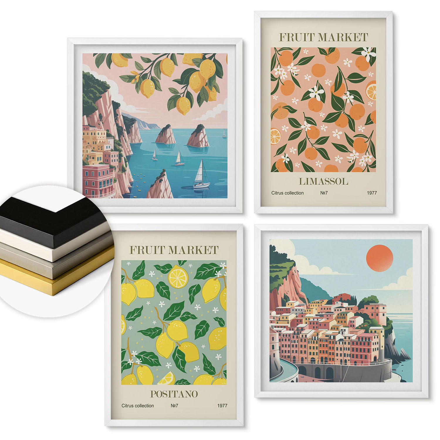 WANDBILDER 4er-Set - 50x50 cm & 40x60 cm Weißer Rahmen - Zitrusfrüchte der italienischen Tropen - Weiß, Kunststoff (50/50cm) - ArtPrintCave