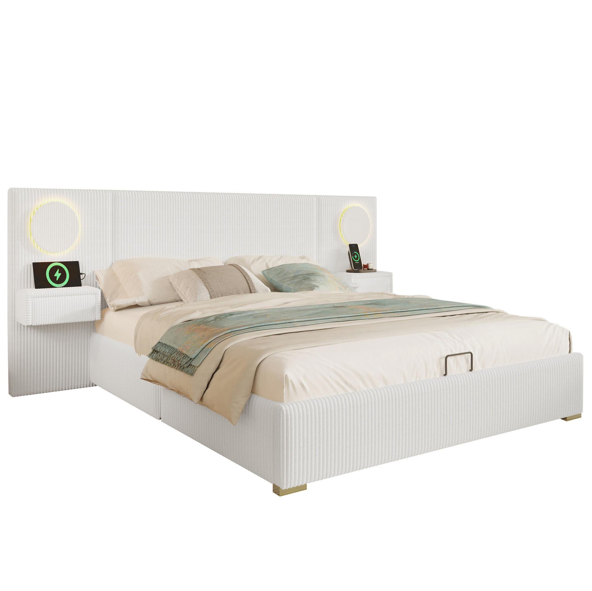 POLSTERBETT 180/200 cm mit LED-Kopfteil, USB-Anschlüssen und hydraulischem Stauraum, Beige - Beige, Textil (180/200cm) - Redom