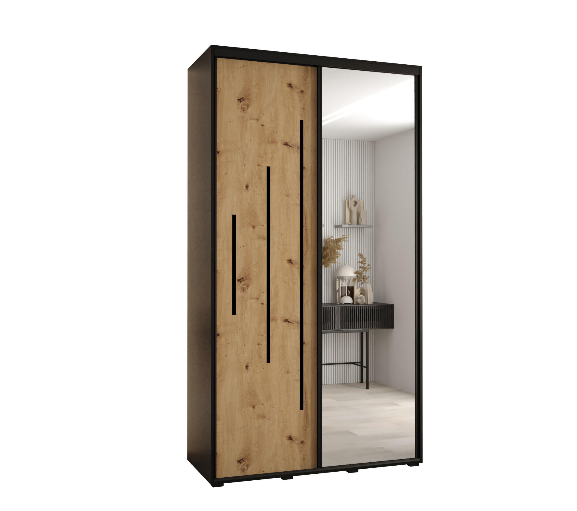 Abiks Möbel Schwebetürenschrank Schwarz, Eiche Artisan, Schwarz 140x235x60 cm