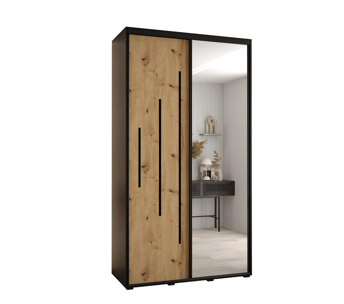 SCHWEBETÜRENSCHRANK 235,2/140/60 2-türig - Schwarz/Eiche Artisan, Holz/Metall (140/235/60cm) - Abiks Möbel