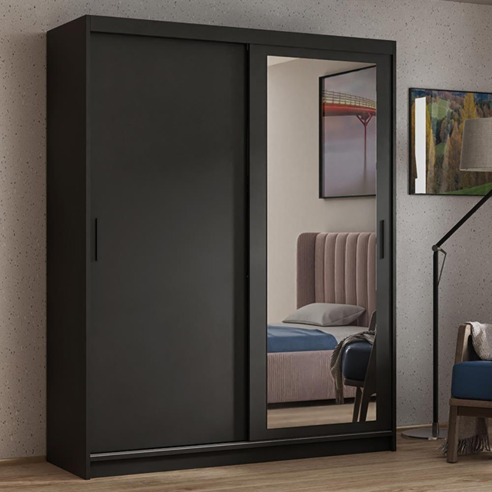 SCHWEBETÜRENSCHRANK Hela 120/205/60 2-türig schwarz mit Spiegel - Schwarz, Holzwerkstoff (120/205/60cm) - Beautysofa