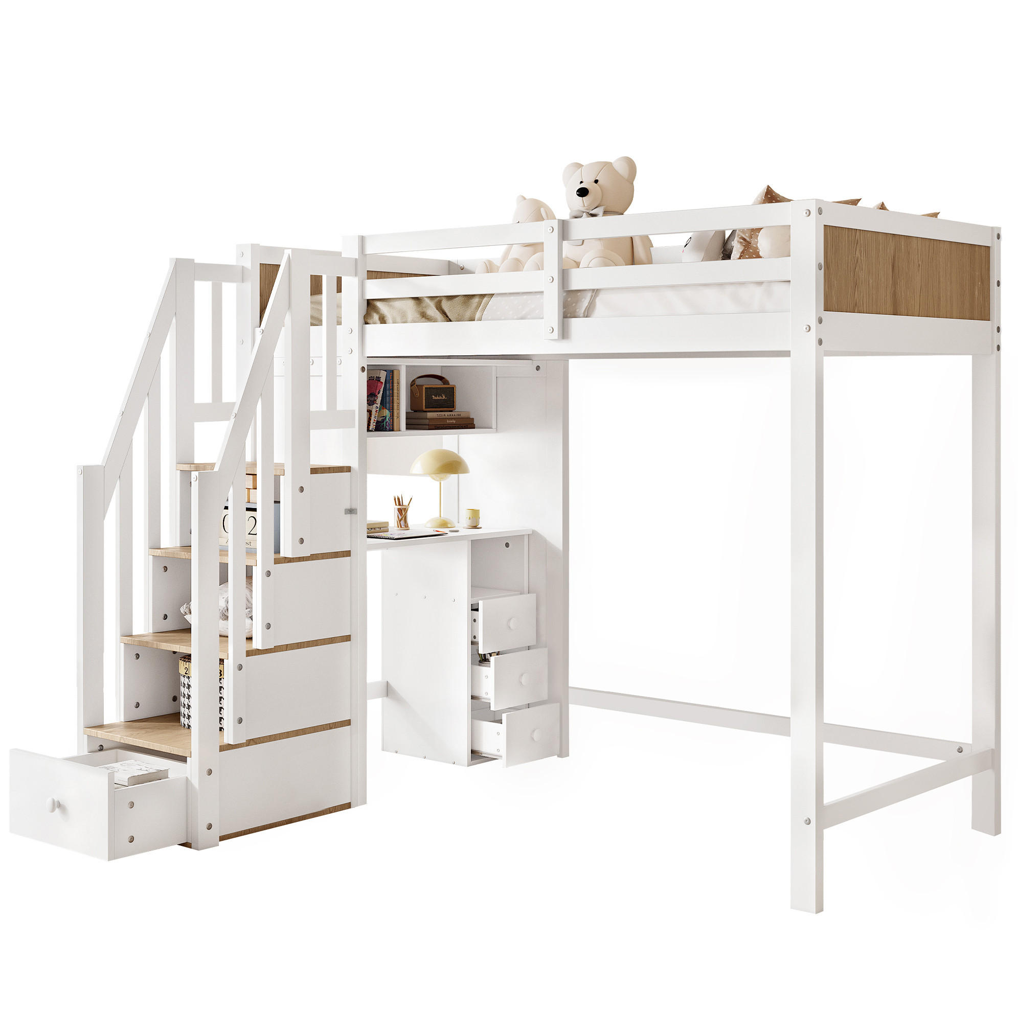 HOCHBETT 90/200 cm Weiß/Natur mit Schreibtisch und Stauraumtreppe - Weiß, Holzwerkstoff (90/200cm) - Flora Grace