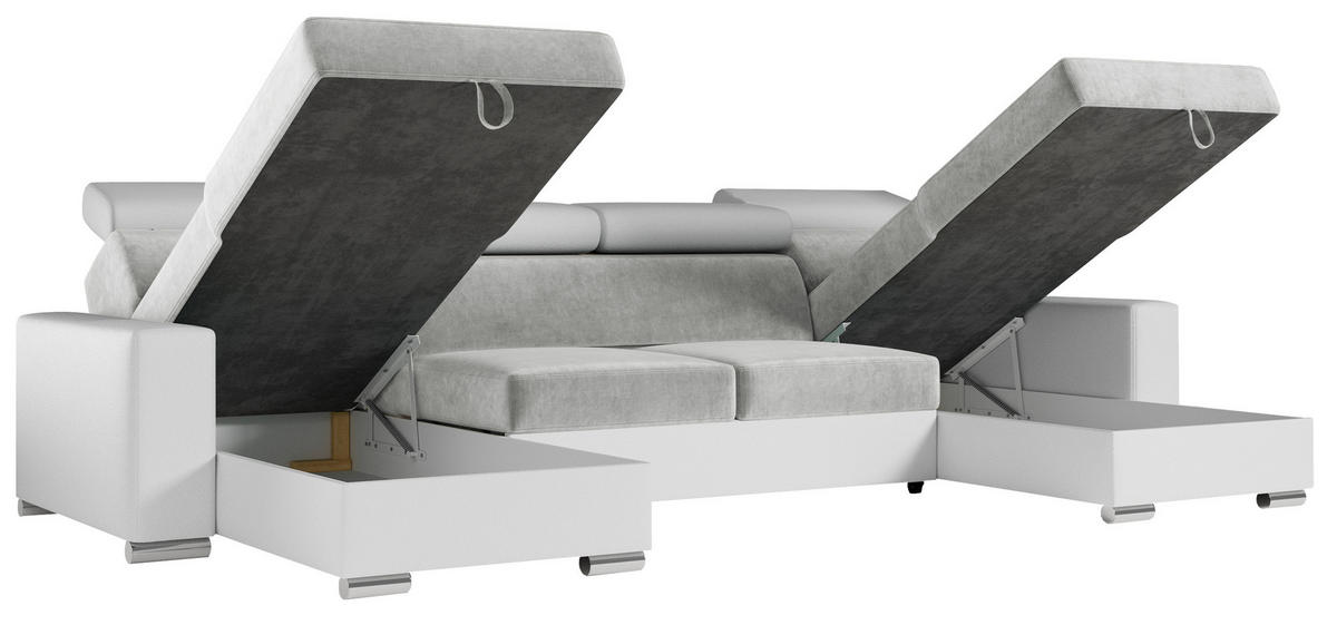 WOHNLANDSCHAFT FOX U Hellgrau/Weiß - Velvet/Kunstleder - Silberfarben/Hellgrau, Kunststoff/Textil (306/98/168cm) - MKS