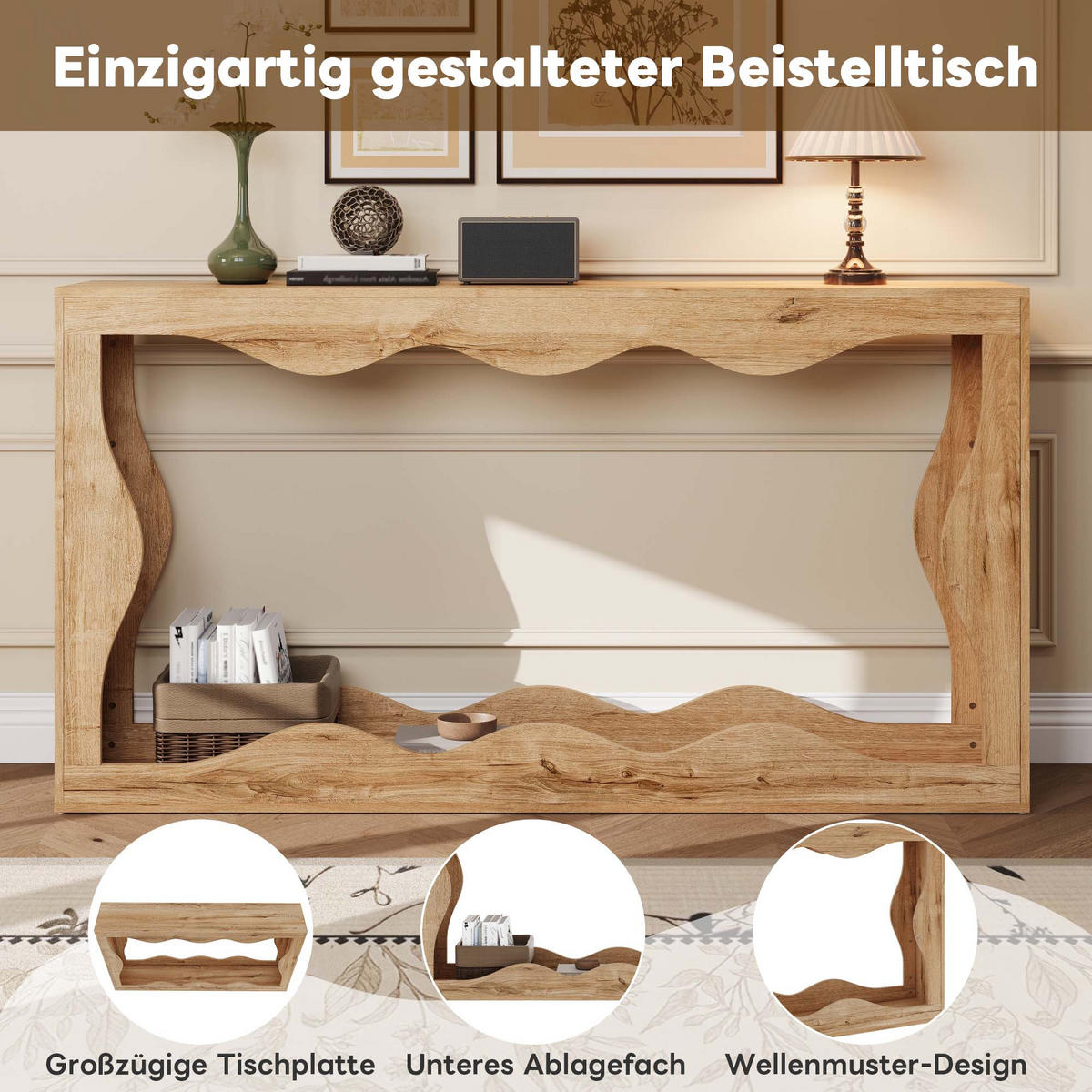 KONSOLENTISCH in Holzoptik Wellenrand Beistelltisch mit Stauraum für Flur, 160,5L/30B/86,5(cm) - Naturfarben, Holzwerkstoff (30/160.5/86.5cm) - STILVORA