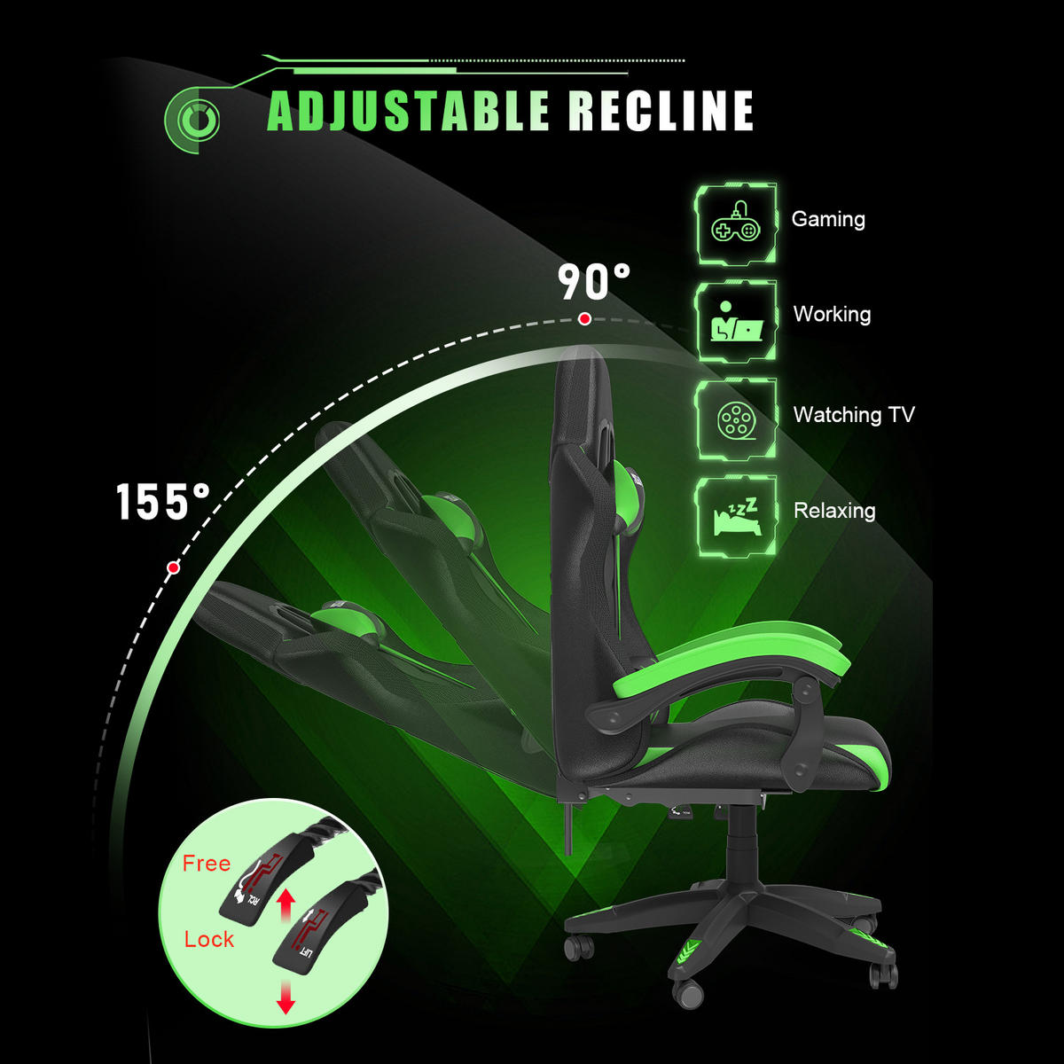 LED GAMING SZÉK Fekete-Zöld,Állítható Magasság,Deréktámasz,Fejtámasz - zelena, koža (53.5/117/54cm) - Rattantree