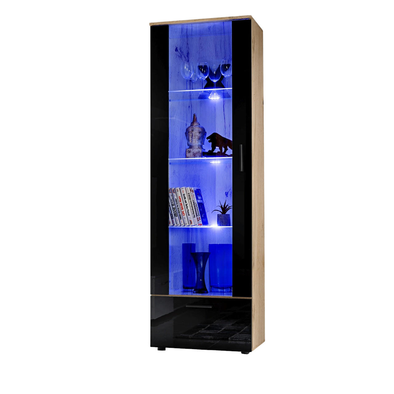 VITRINE ALESSANDRIA, Schwarz, LED Blau - Eiche Wotan/Schwarz, Glas/Holzwerkstoff (60/192/42cm) - Komodee