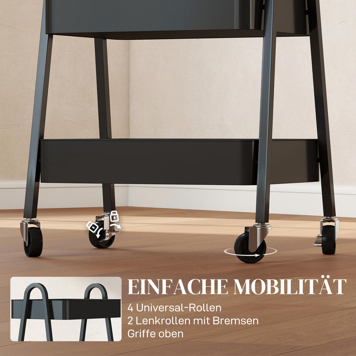 SERVIERWAGEN mit 3 Ebenen Küchenwagen mit Rollen Griff Rollwagen mit Bremse - Schwarz, Metall (29.8/74.5/42.4cm) - HOMCOM