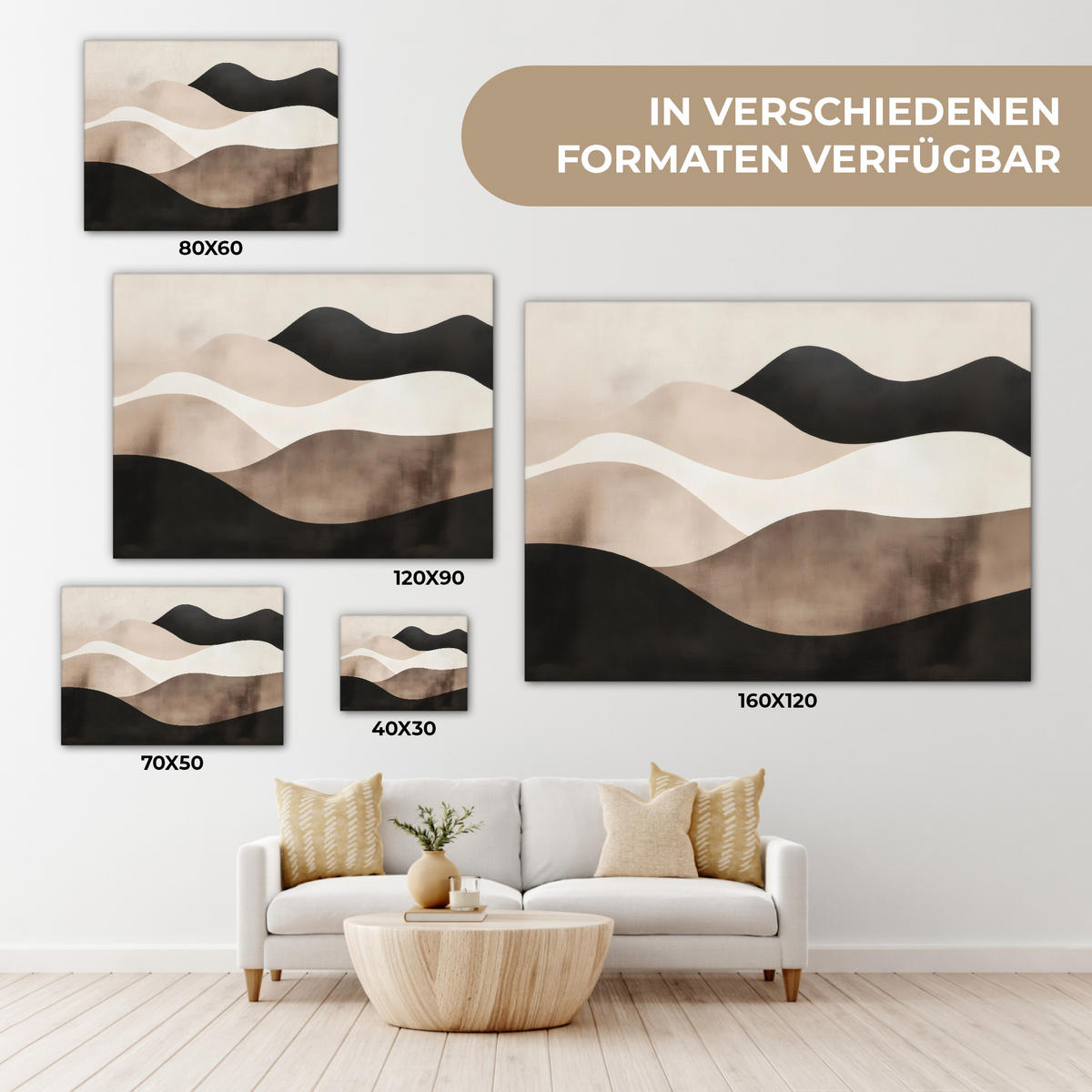 LEINWANDBILD Abstrakt - Landschaft - Wellen - Cremefarben Wandbilder 80x60 cm - Cappuccino, Textil (80/60cm) - MuchoWow