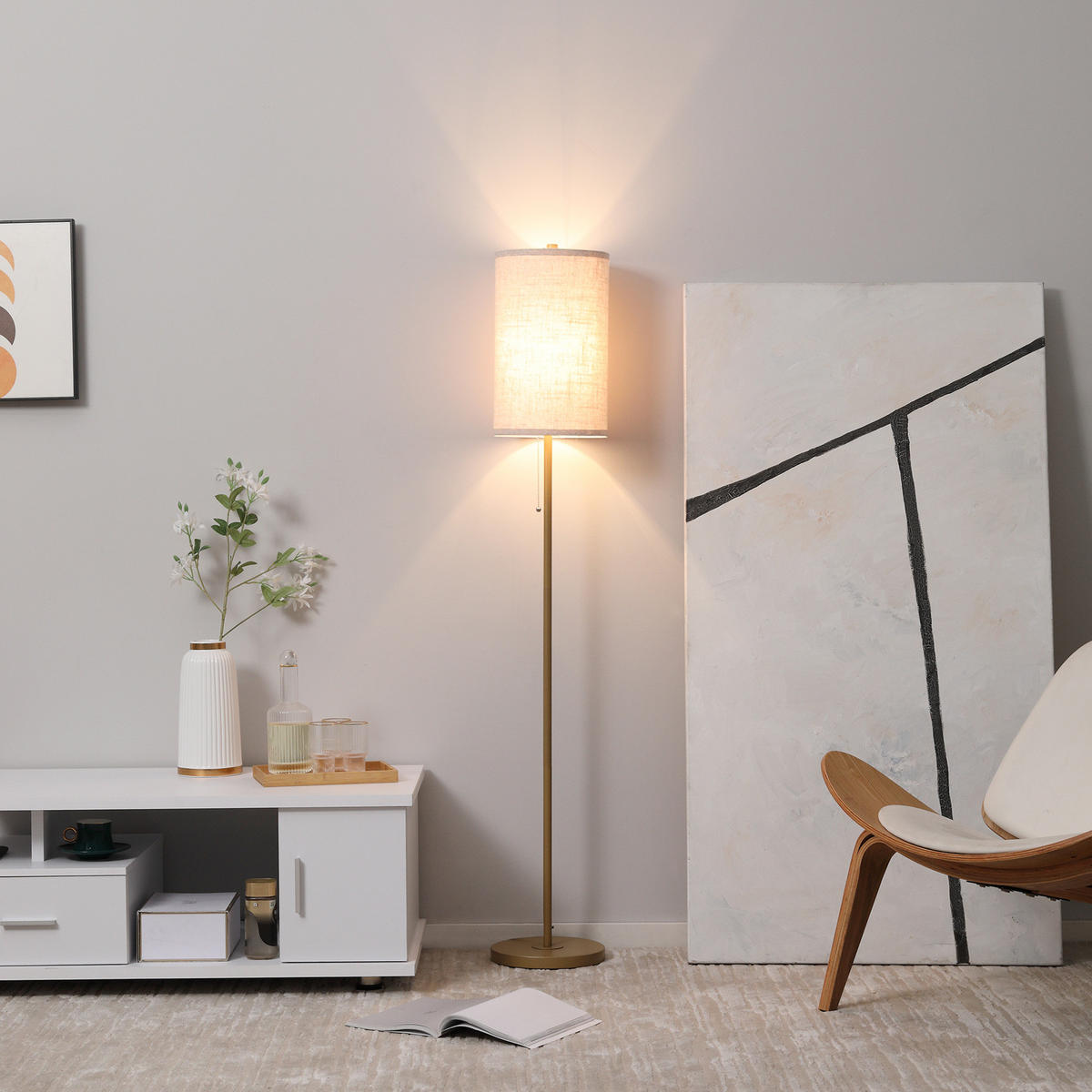 STEHLEUCHTE 157cm Stehlampe-Wohnzimmer cremeweiß mit Leinen-Lampenschirm und Zugschalter - Goldfarben, Metall (25.5/25.5/157cm) - Raelunyi