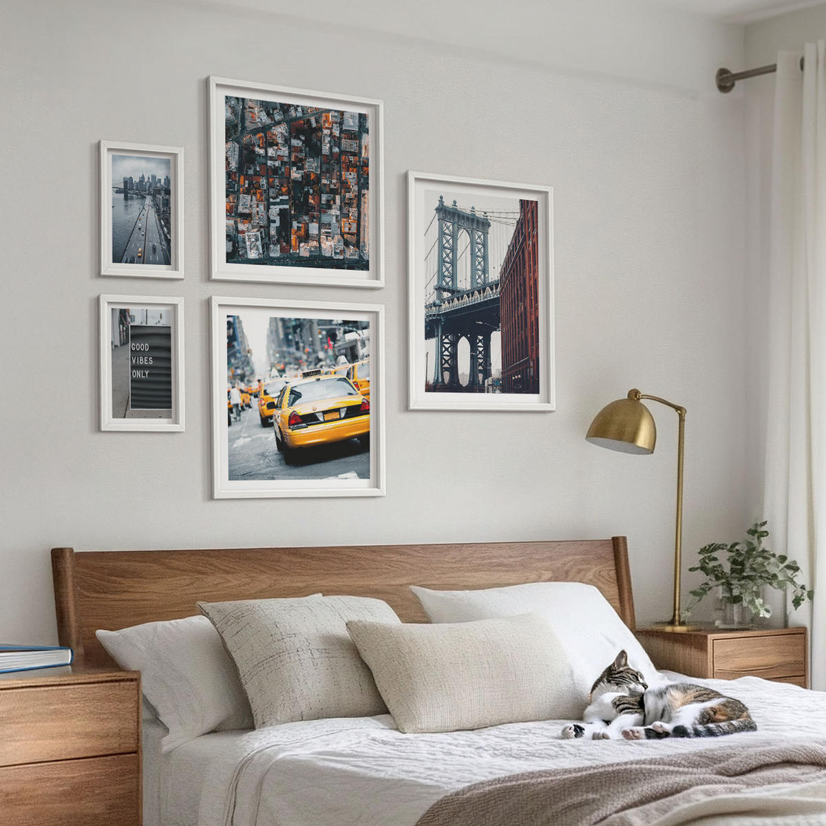 BILDER SET 5er Set - 50x50 cm & 20x30 cm & 40x60 cm Weißer Rahmen - Brückenstadt-Inschriften aus der Vogelperspektive - Weiß, Kunststoff (40/60cm) - TULUP