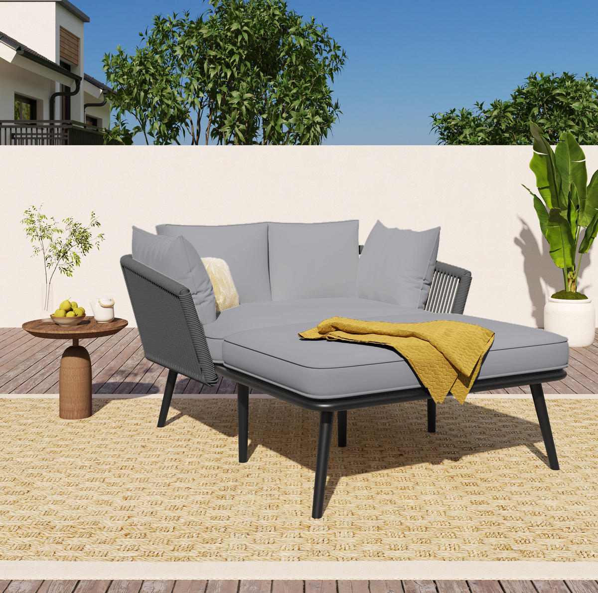 SONNENLIEGE 130/120/67 cm grau aus Polyester und Stahl mit abnehmbaren waschbaren Kissen - Grau, Kunststoff (120/67/130cm) - OKWISH