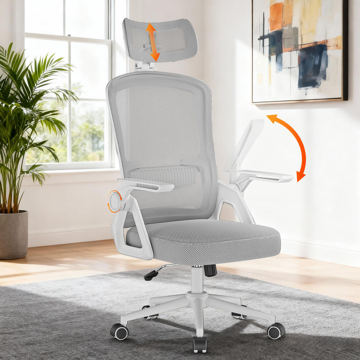 DREHSTUHL Mesh Weiß-Grau ergonomisch klappbare Armlehnen - Grau, Metall (23.5/52/62.5cm) - Rattrix