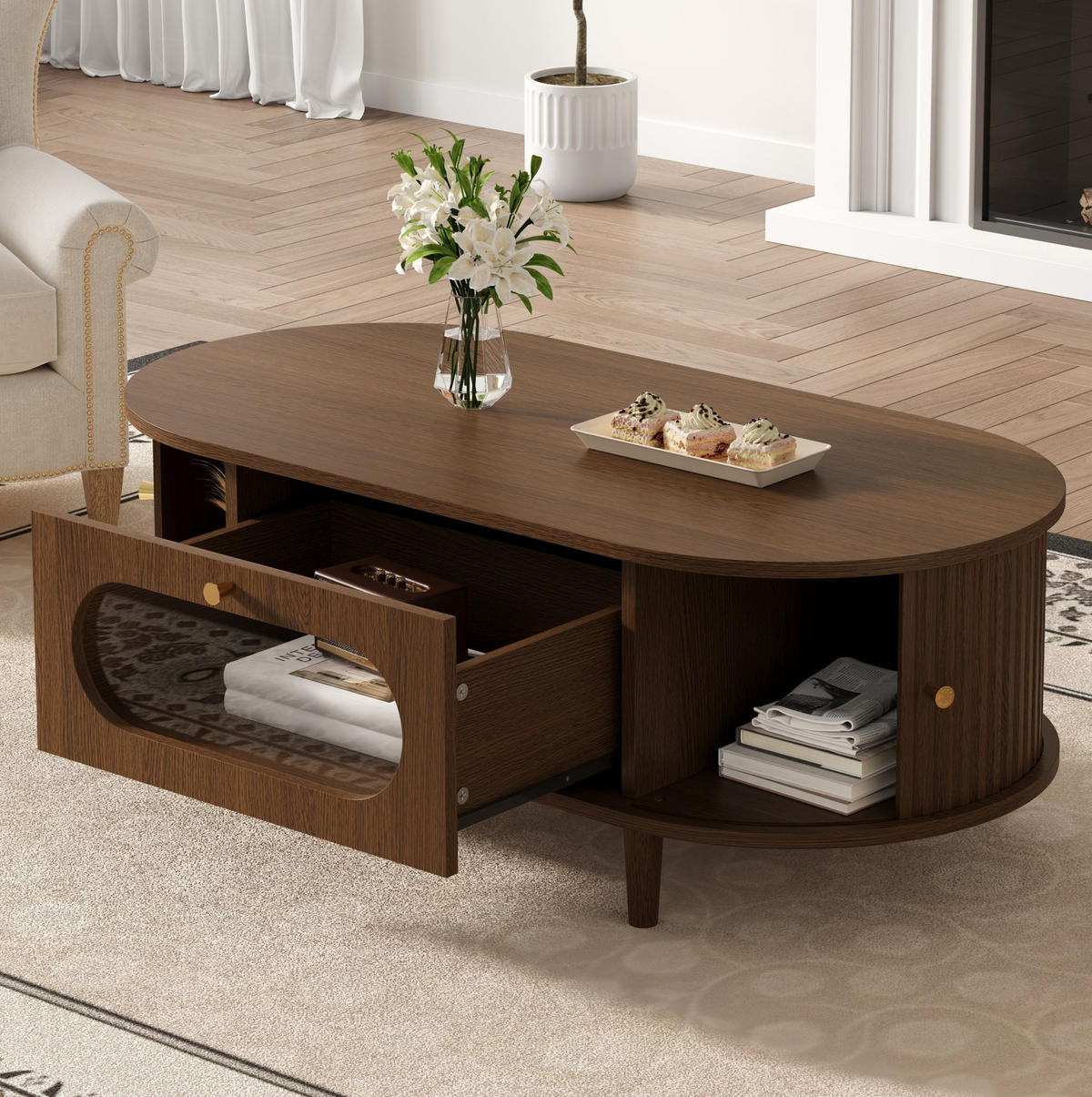 COUCHTISCH 100/50/36 cm in Walnuss aus MDF mit Schublade und Rollladen - Nussbaumfarben, Holzwerkstoff (100/50/36cm) - OKMYHOME